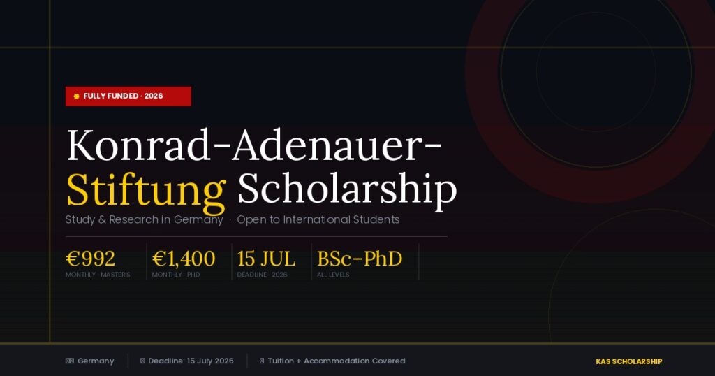 
Konrad-Adenauer-Stiftung Scholarship 2026 – fully funded study in Germany offering €992/month for master's students and €1,400/month for PhD candidates, with a deadline of 15 July 2026.