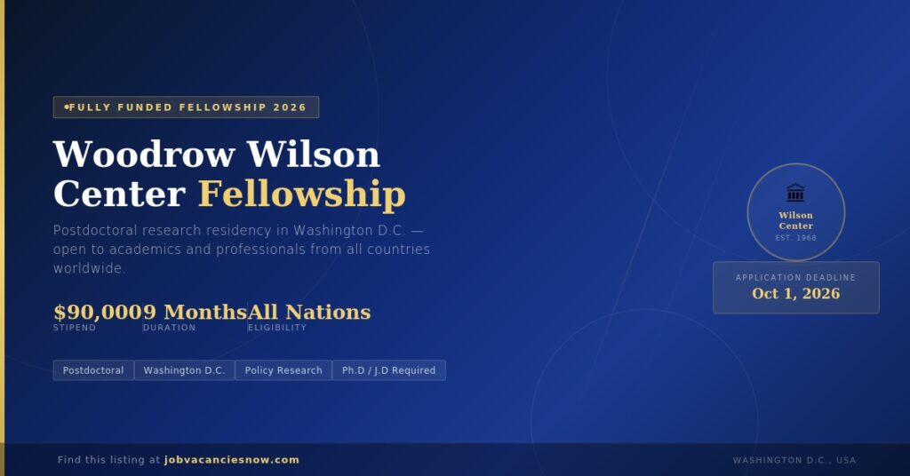 Woodrow Wilson Center Fellowship 2026 fully funded postdoctoral research fellowship in Washington DC offering a $90000 stipend open to all nationalities with an October 1 2026 deadline